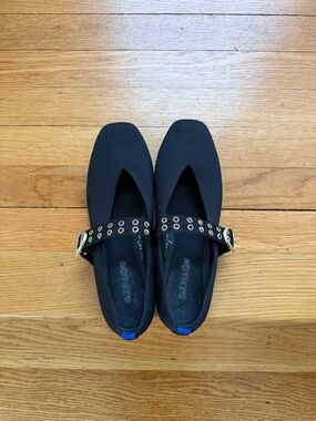 Rothy's Black Mary Jane Flats with Gold Buckle and Eyelet Strap